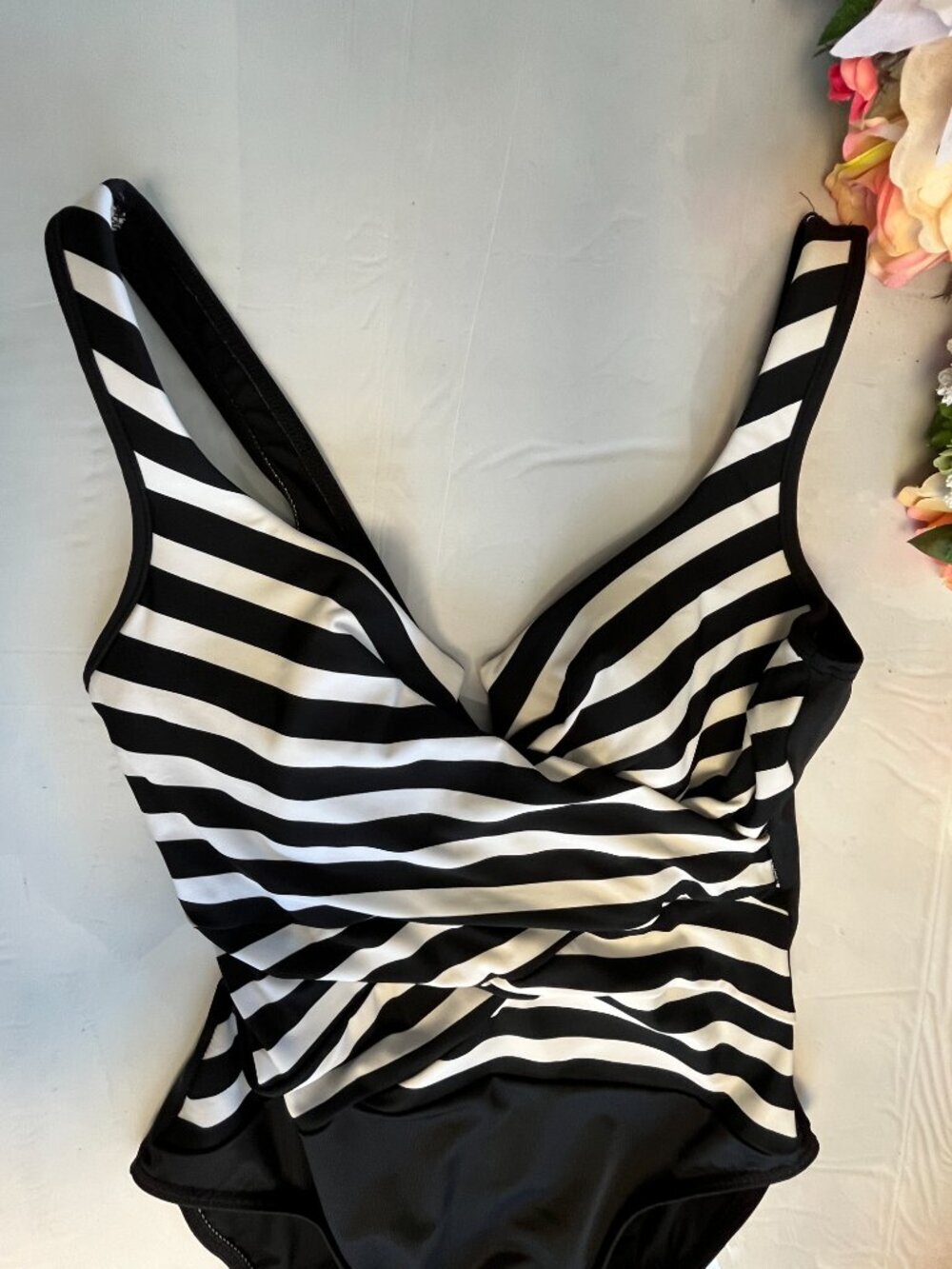 Miraclesuit Black White Striped Wrap Front One-Piece Swimsuit Estimated M - Picture 3 of 9